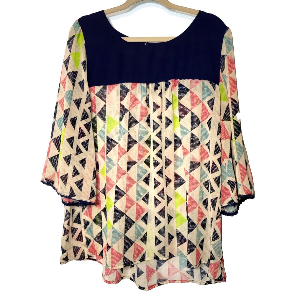 Umgee Sheer Bell Sleeve Blue Bodice Triangle‎ Color Top Keyhole 1XL Festival Y2K